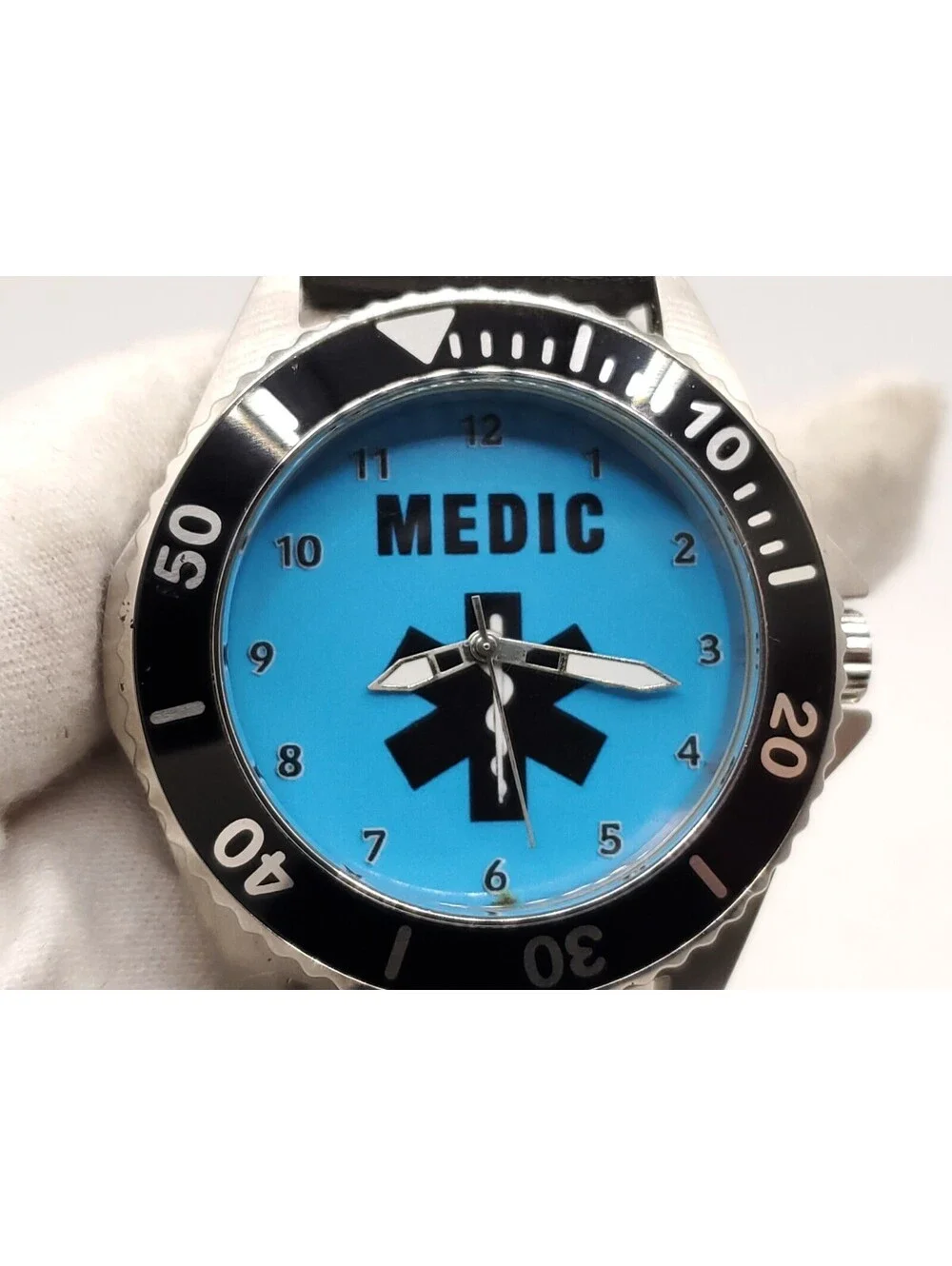 Zazzle Medic Watch Mens New Battery Blue Dial Rotating Bezel 45mm
